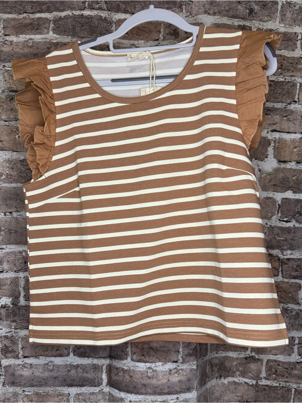 Hem & Thread Striped Ruffle-Sleeve Tank Top - Camel & Cream